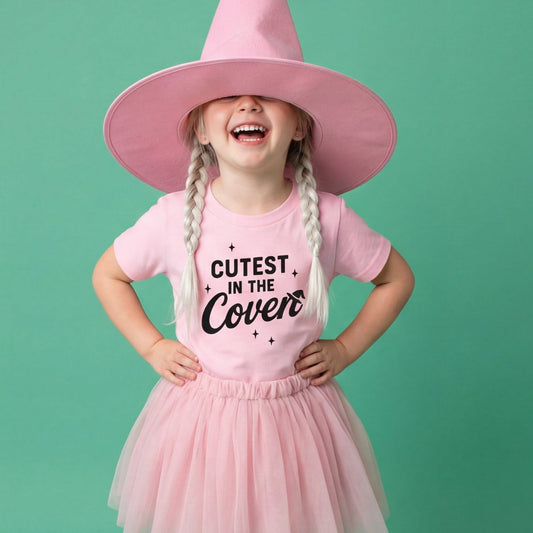 Cutest In the Coven Tee, Girls Witch Shirt, Halloween Tshirt for kids, Toddler halloween, Pink and black, witch hat, halloween shirt