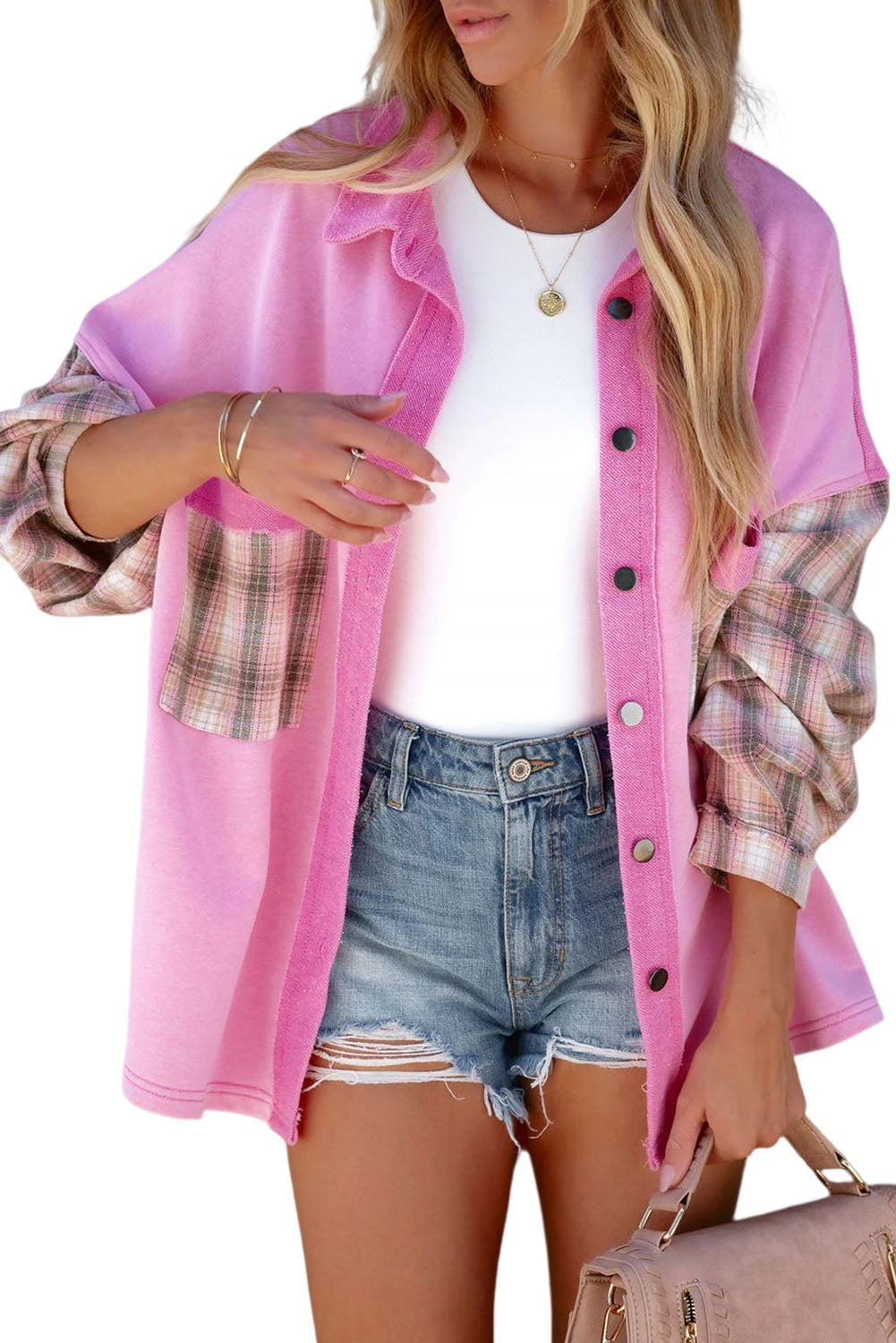 Rose Plaid Patchwork Chest Pockets Oversized Shirt Jacket