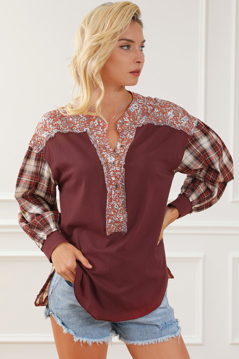 Red Dahlia Mixed Print Half Buttons Plus Size Pullover Top