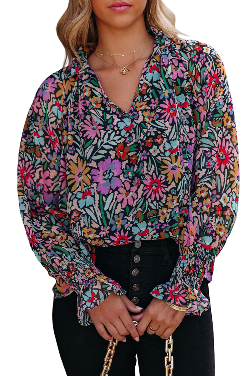 Multicolour Plus Size Floral Smocked Cuffs V-Neck Blouse