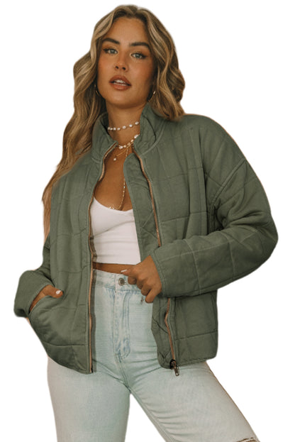 Black Zip-Up Pocket Quilted Cropped Jacket
