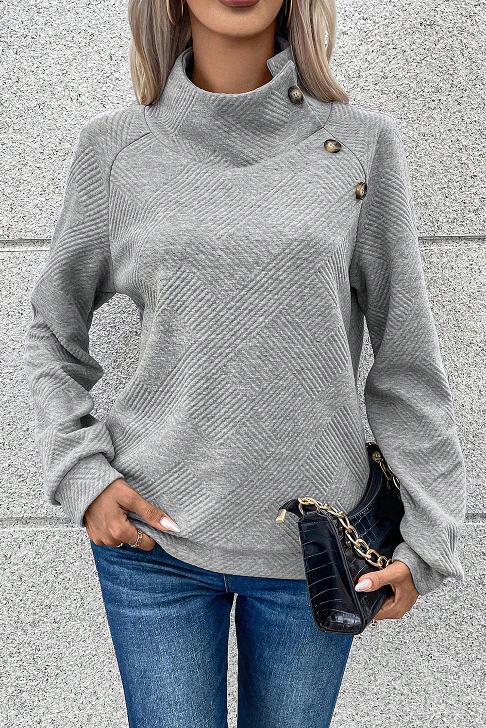 Light Grey Textured Snap Buttons Pullover Plus Size Sweatshirt