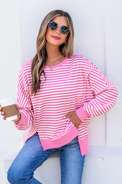 Pink Stripe Textured Knit Color Block Trim Split Hem Long Sleeve Top