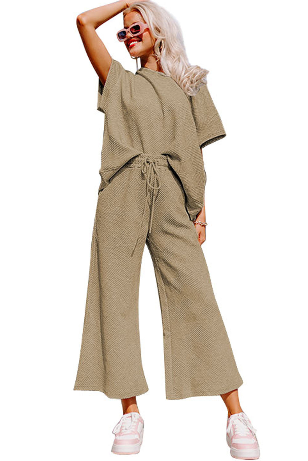 Light Grey Plus Size Textured Casual Two-Piece Pants Set