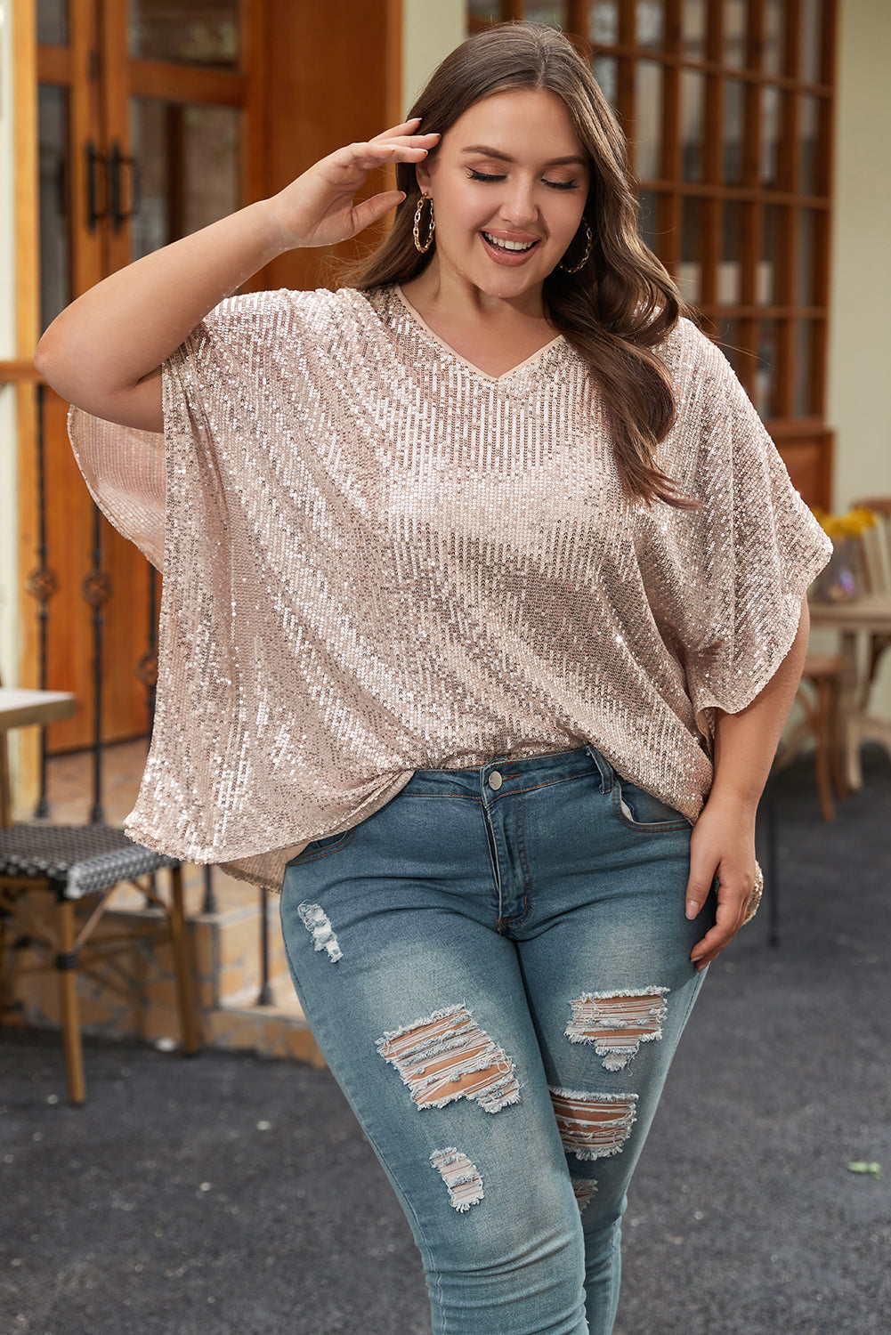 Apricot Plus Size Sequined V Neck Boxy Top