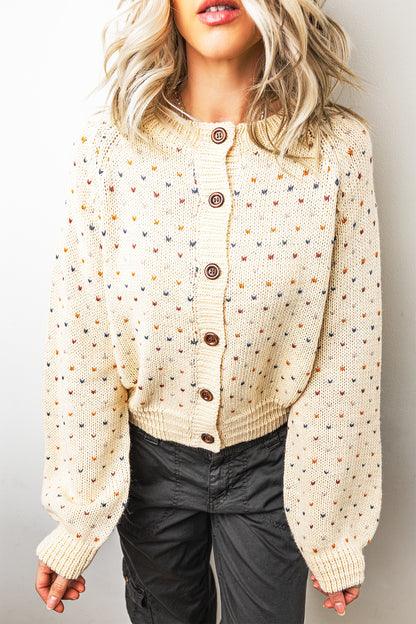 Beige Geometric Print Button Front Long Sleeve Regular Fit Cardigan