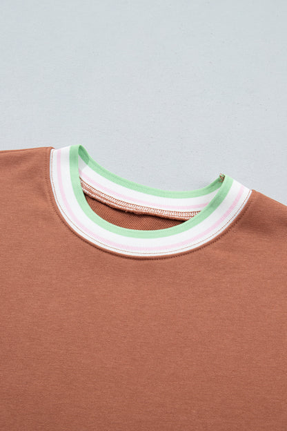 Bright Green Contrast Striped Trim Baggy Pullover Sweatshirt
