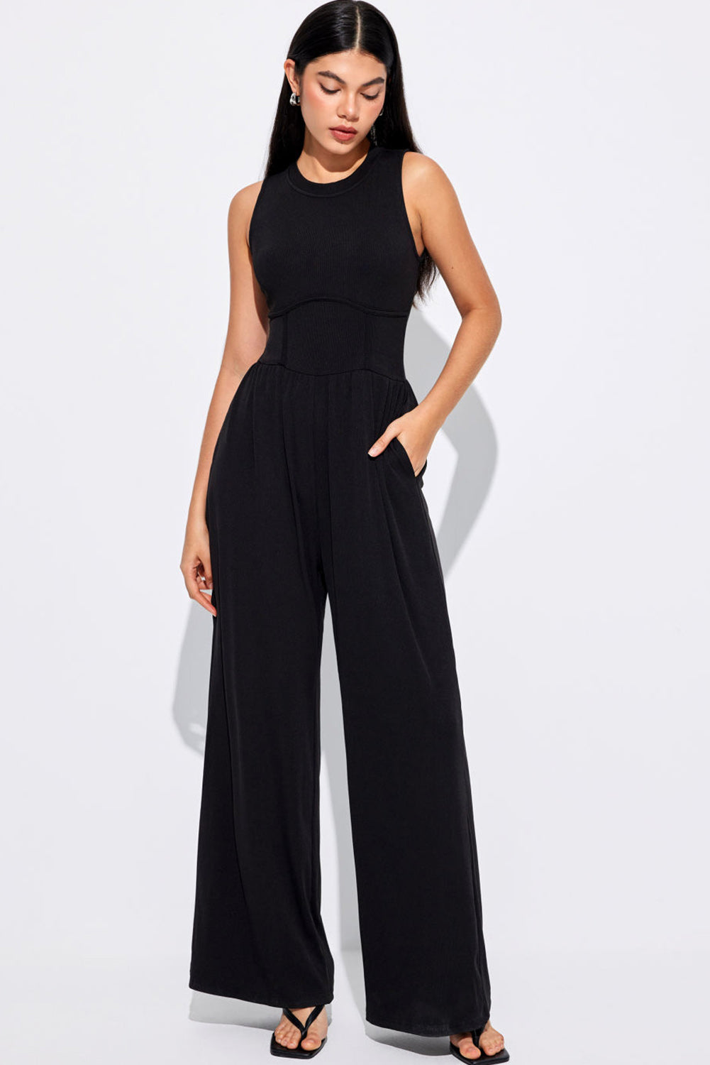 Black Cinched Waist Sleeveless Wide Leg Jumpsuit