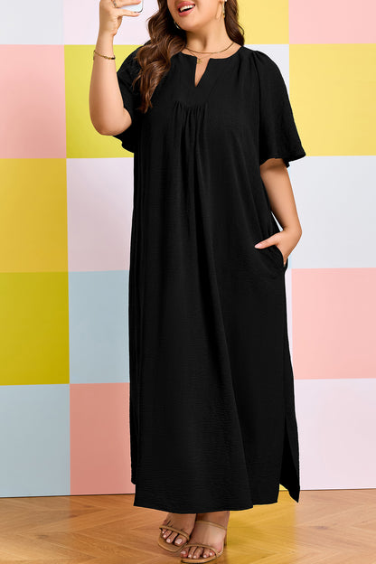Black Plus Size Solid Color Notched Neck Short Sleeve Loose Dress