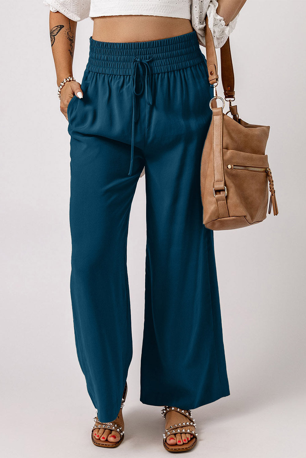 Casual Drawstring Shirred Elastic Waist Wide Leg Pants