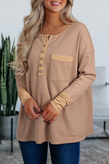 Vineyard Green Waffle Textured Patchwork Tunic Henley Top