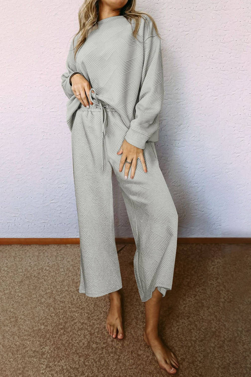 Light Grey Plus Size Textured Casual Two-Piece Pants Set