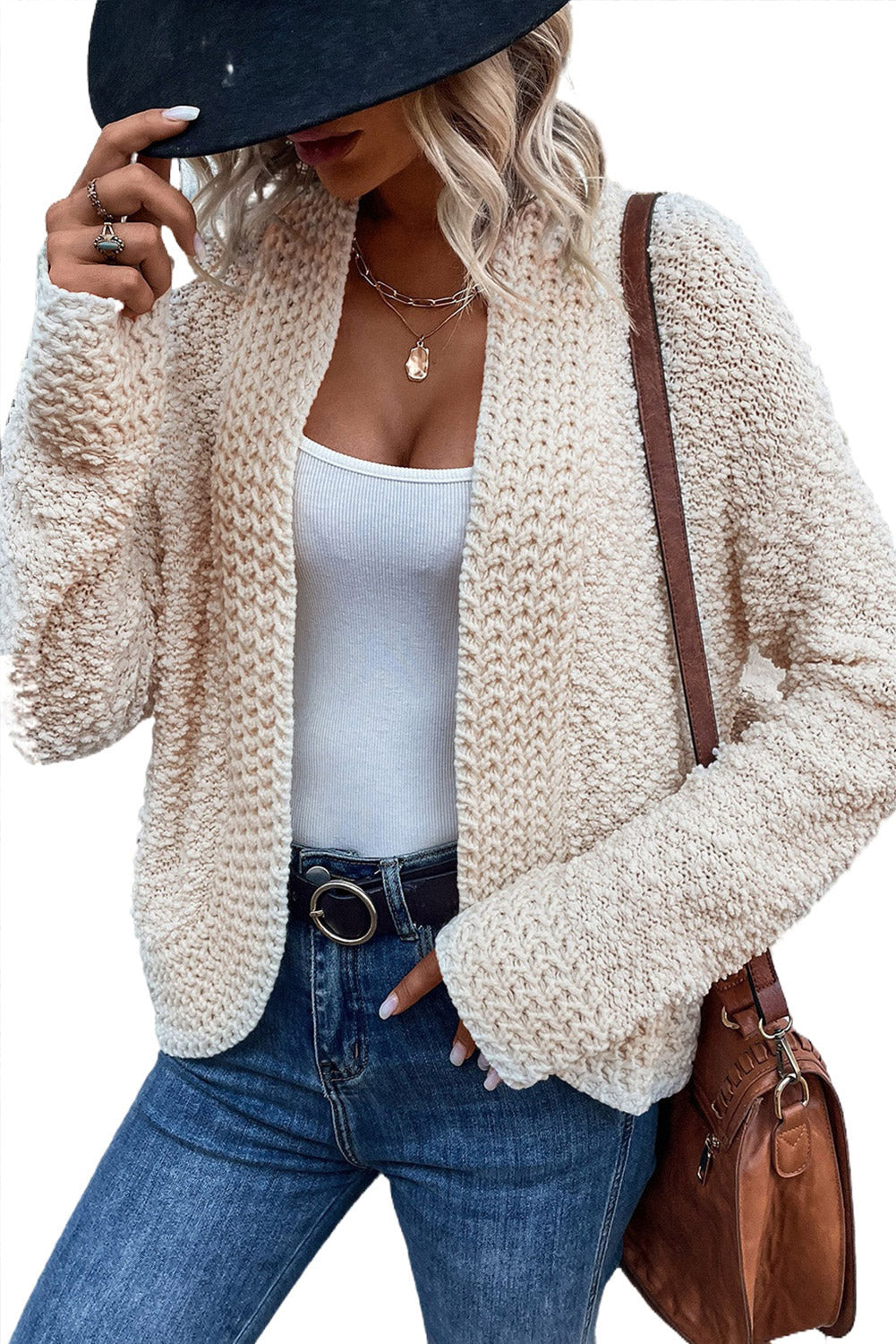 Popcorn Knit Open Front Cardigan