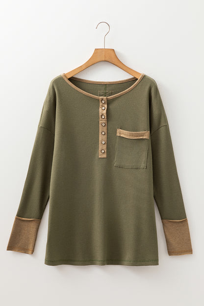 Vineyard Green Waffle Textured Patchwork Tunic Henley Top