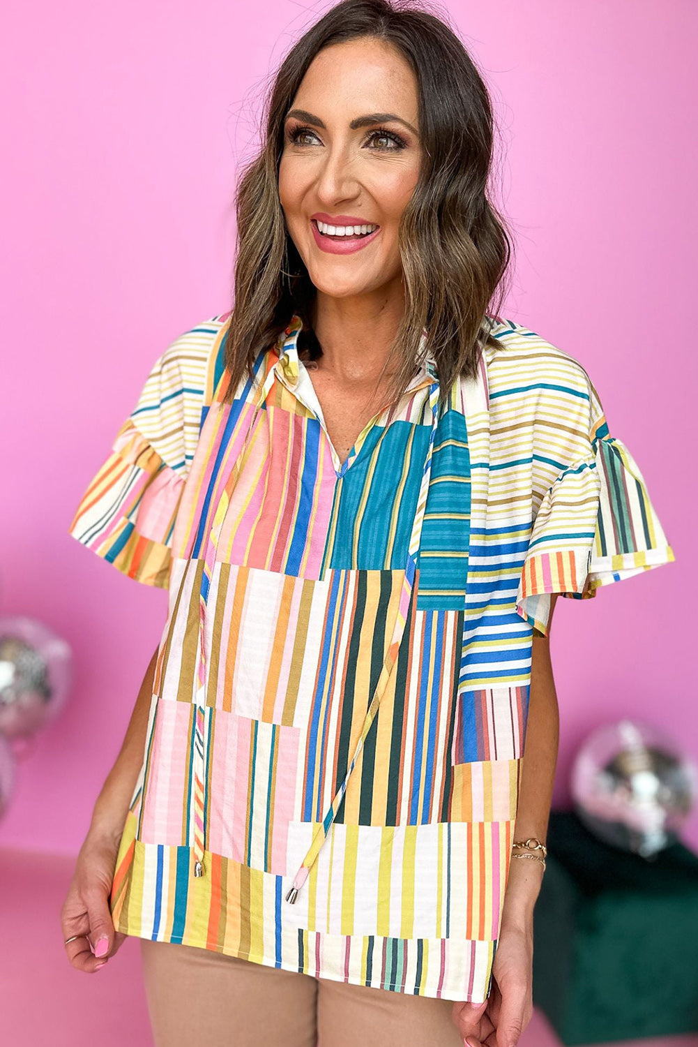 Multicolor Striped Printed Ruffle Short Sleeve Blouse