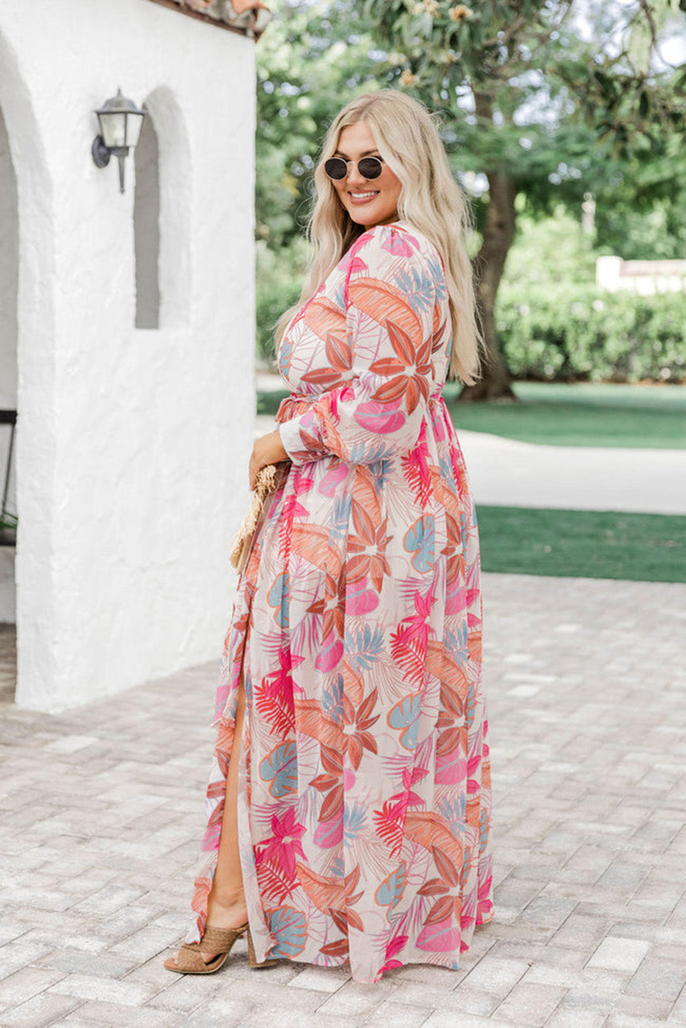 Multicolor Tropical Palm Print Tie High Waist Plus Size Maxi Dress