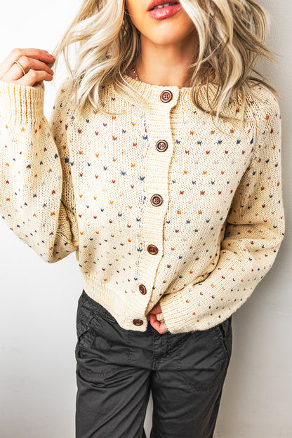 Beige Geometric Print Button Front Long Sleeve Regular Fit Cardigan