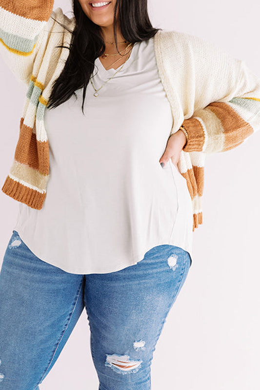 Beige Plus Size Striped Print Open Front Cardigan