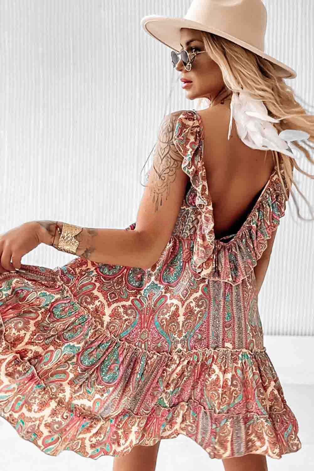 Paisley Print Sleeveless V-Neck Tassel Tie Ruffle Dress