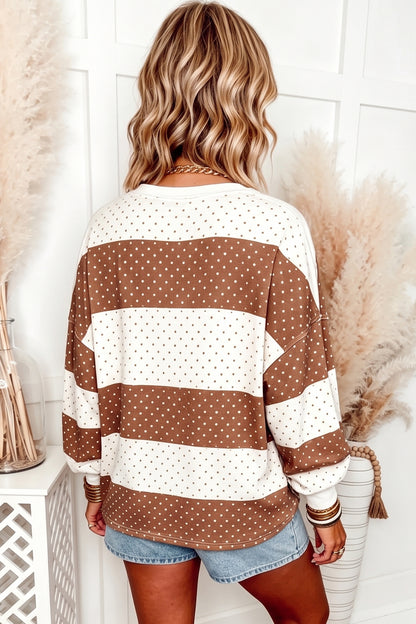 Pink Polka Dot Patchwork Colorblock Long Sleeve Top