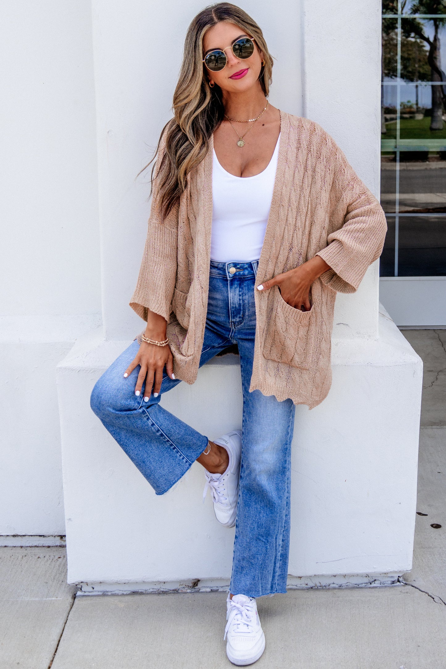 Pink Drop Shoulder Crochet Knit Open Front Cardigan