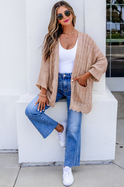 Pink Drop Shoulder Crochet Knit Open Front Cardigan
