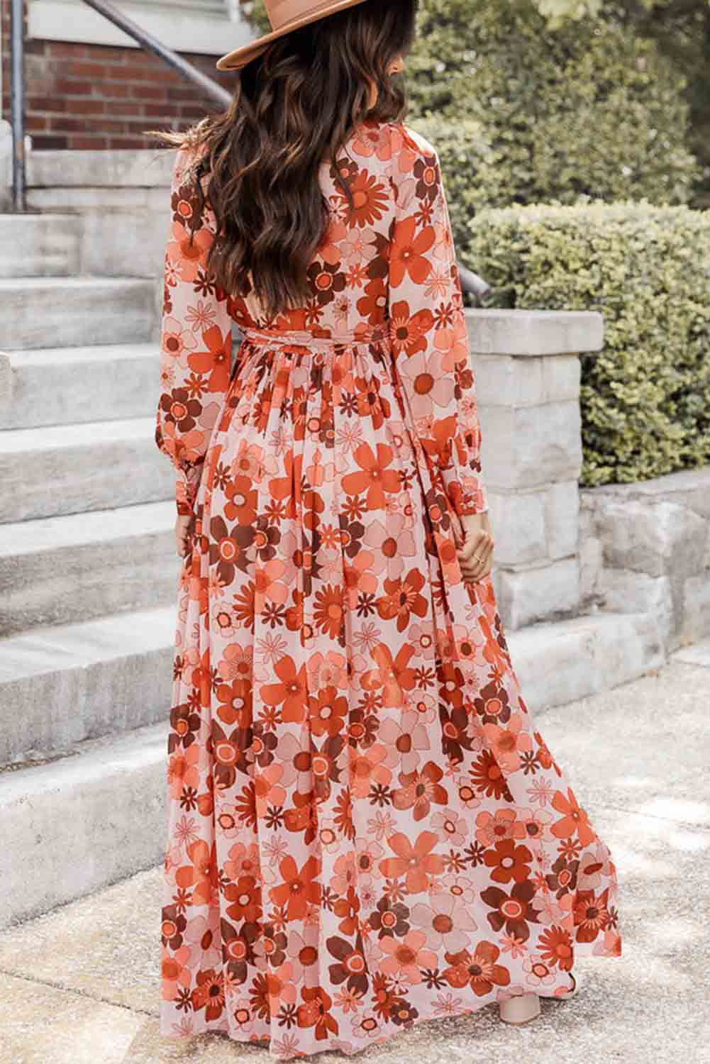 Floral V-Neck Long Sleeve Belted Maxi Dress