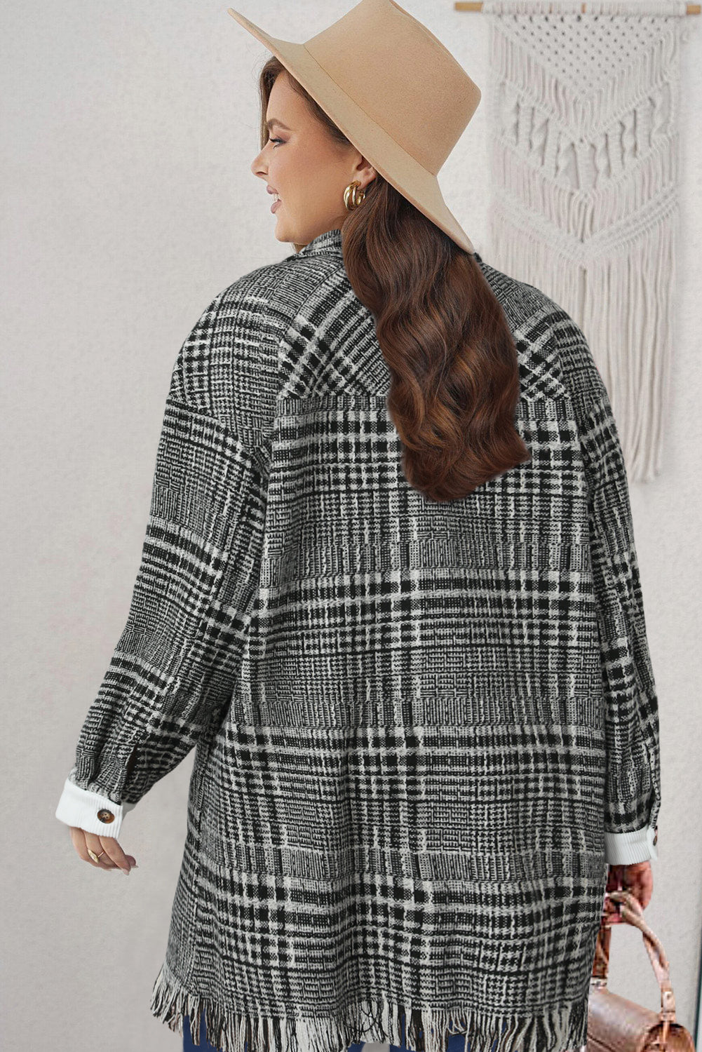 Black Plus Size Plaid Fringe Hem Midi Coat