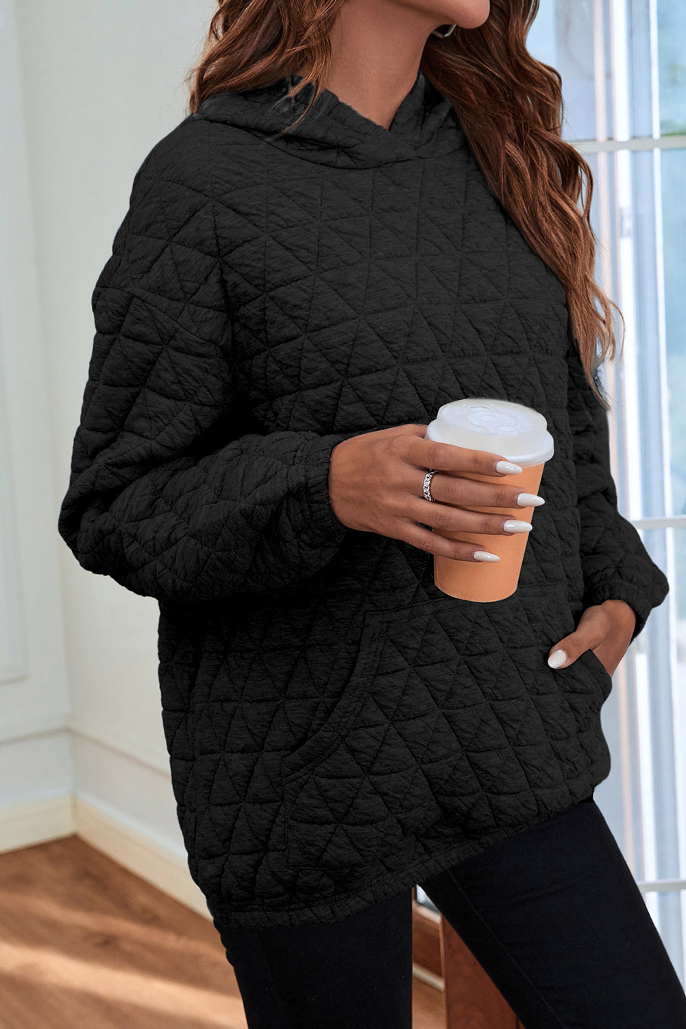 Blackish Green Plus Size Quarter Buttoned Pocketed Quilted Sweatshirt