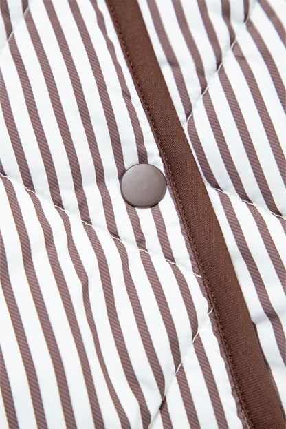 Brown Striped Snap Button Scalloped Hem Winter Vest