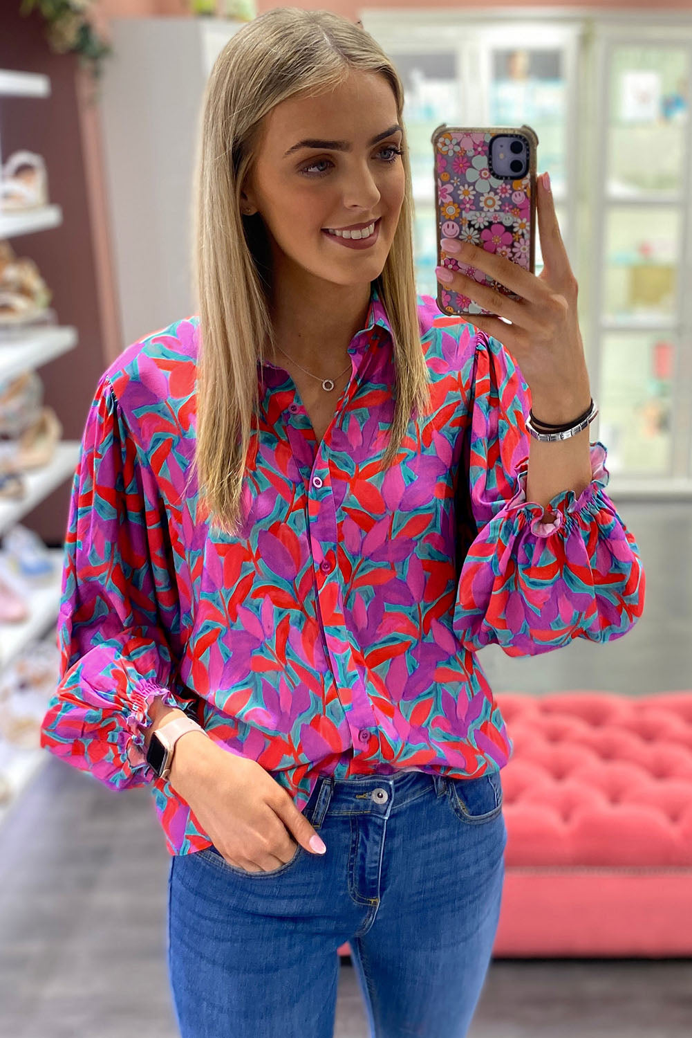 Multicolour Plus Size Floral Print Ruffled Puff Sleeve Shirt