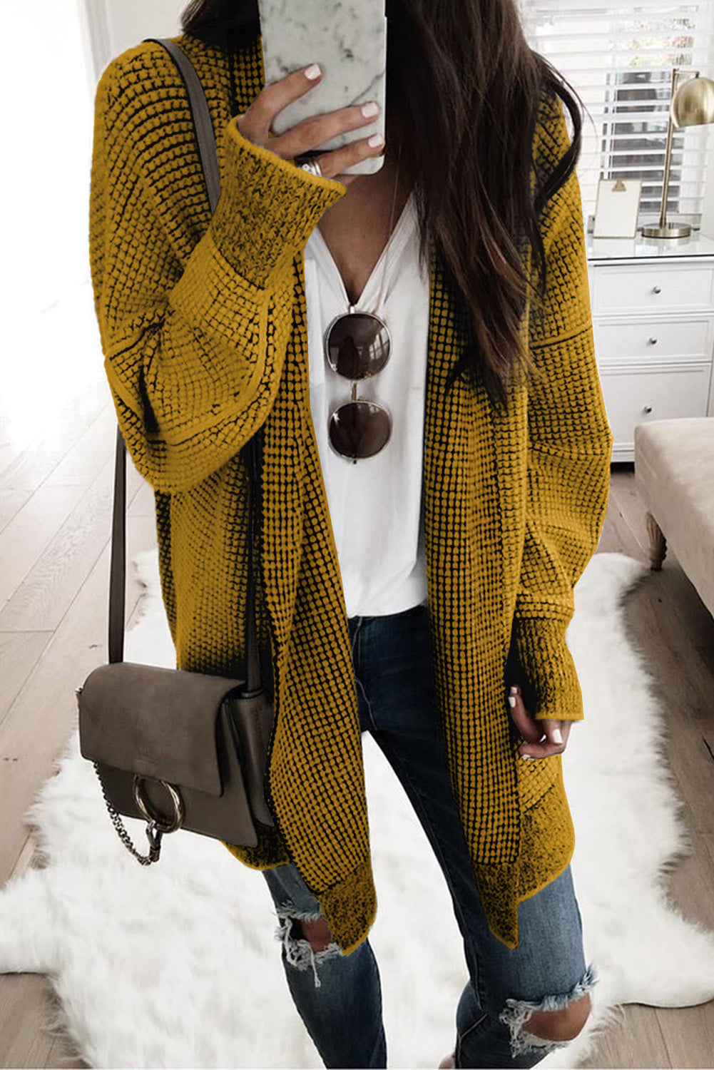 Black Plaid Knitted Long Open Front Cardigan