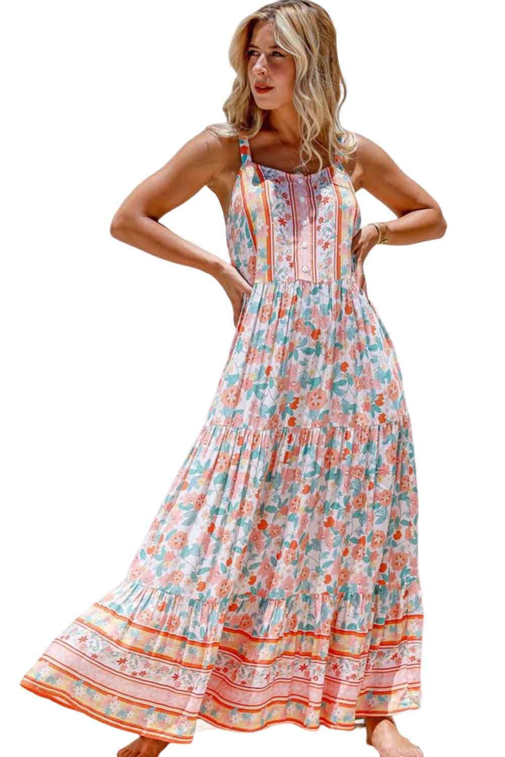 Boho Floral Print Sleeveless Tiered Maxi Dress