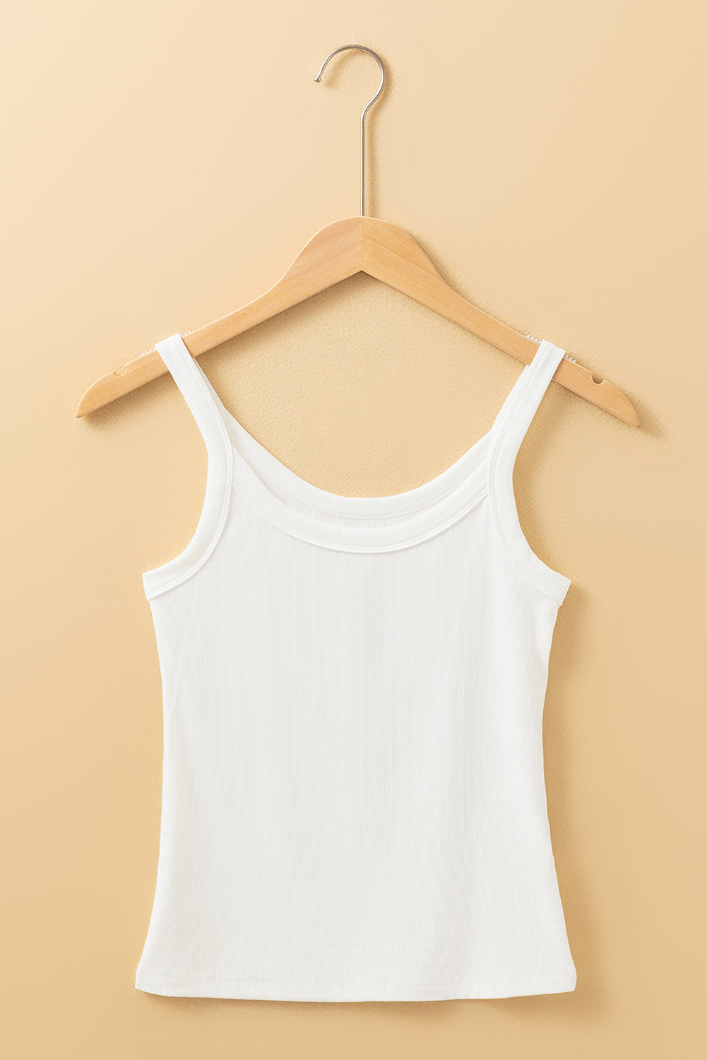 White Solid Color Ribbed Knit Scoop Neck Tank Top