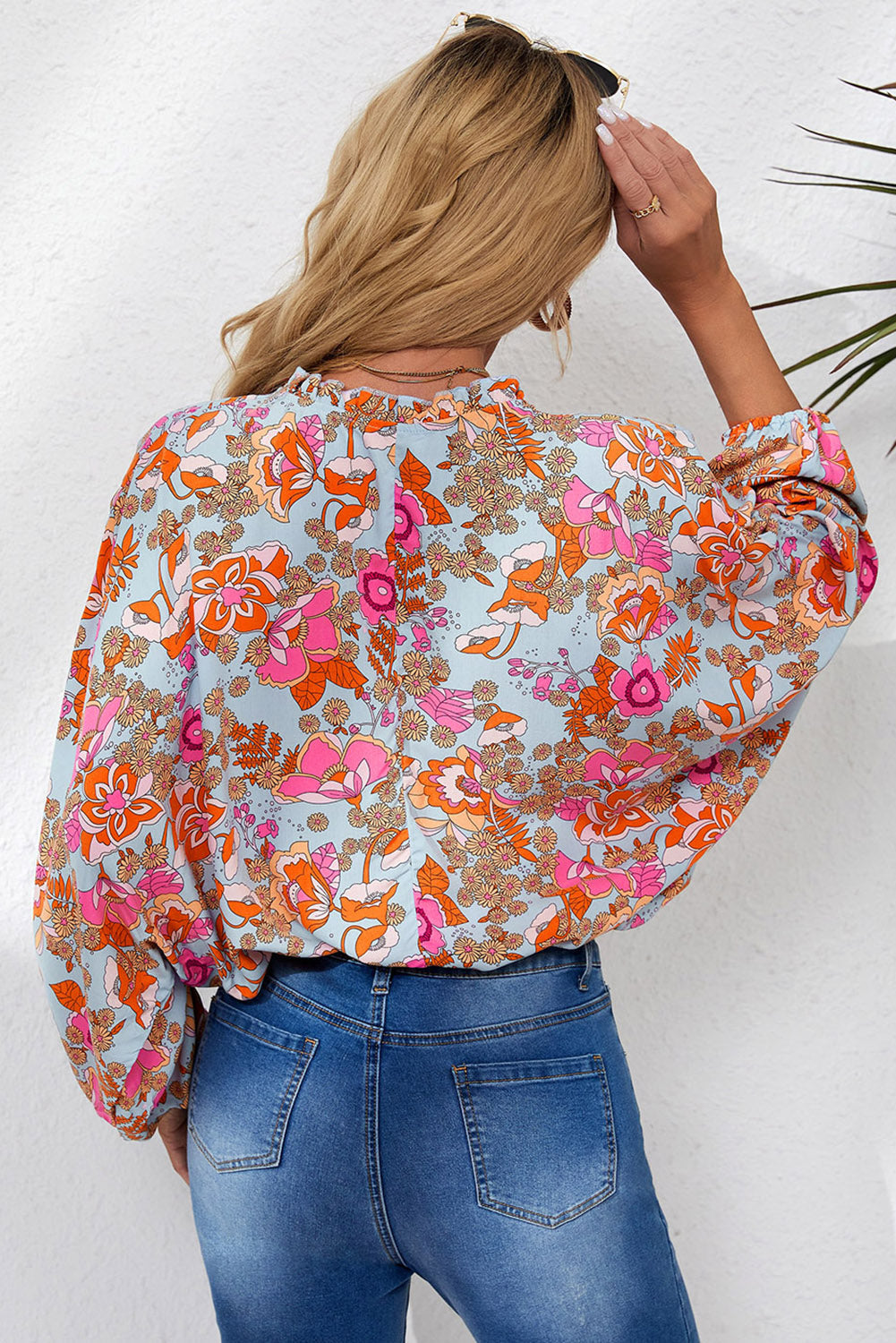 Blue Frilled Off Shoulder Floral Blouse