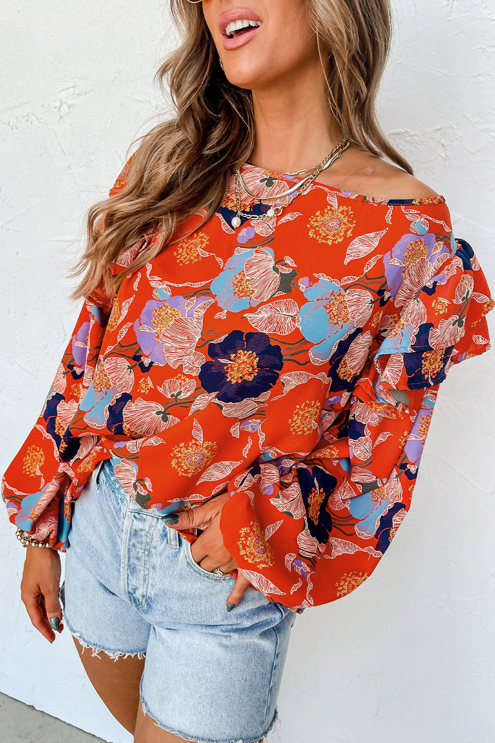 Ginger Floral Print Ruffle Puff Sleeve Blouse