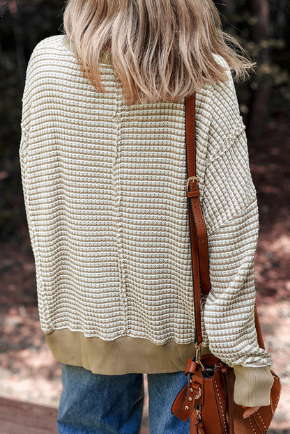 Brown Plus Size Stripe Ribbed Trim Drop Shoulder Long Sleeve Oversized Top