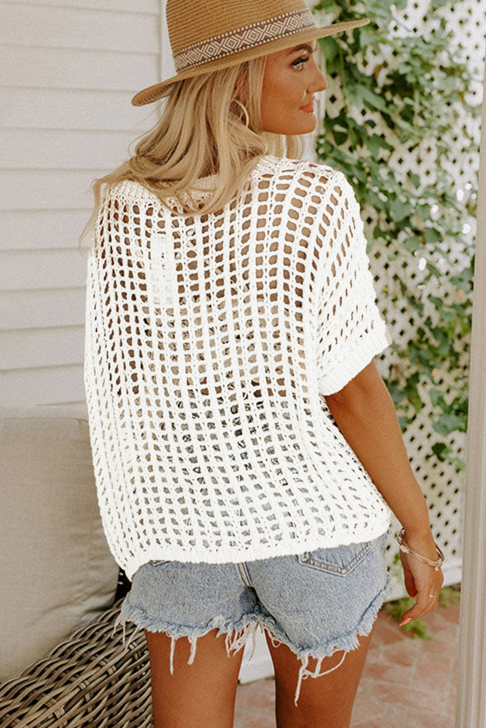 Fishnet Knit Ribbed Round Neck Short Sleeve Sweater Tee