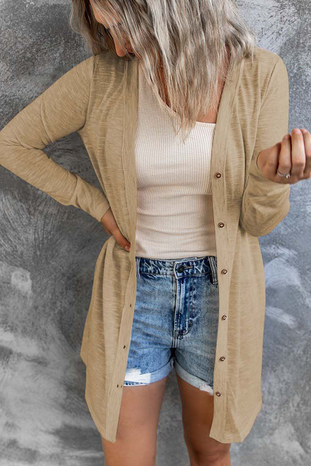 Brown Buttoned Thigh-high Length Plus Size Cardigan