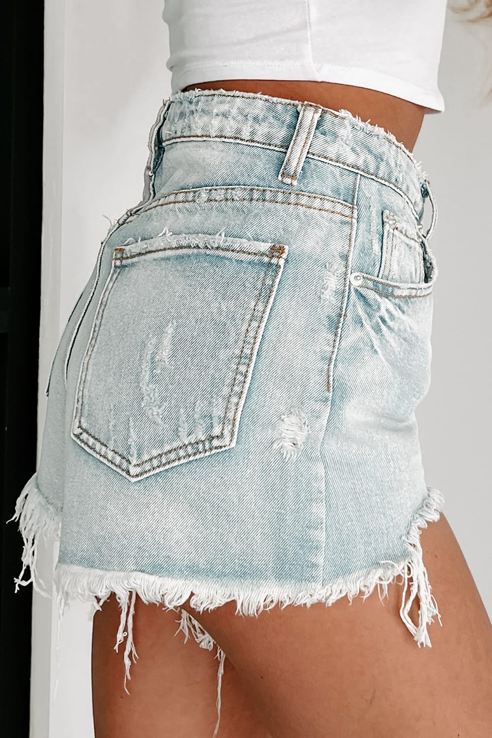 Distressed Raw Hem High Waist Denim Shorts