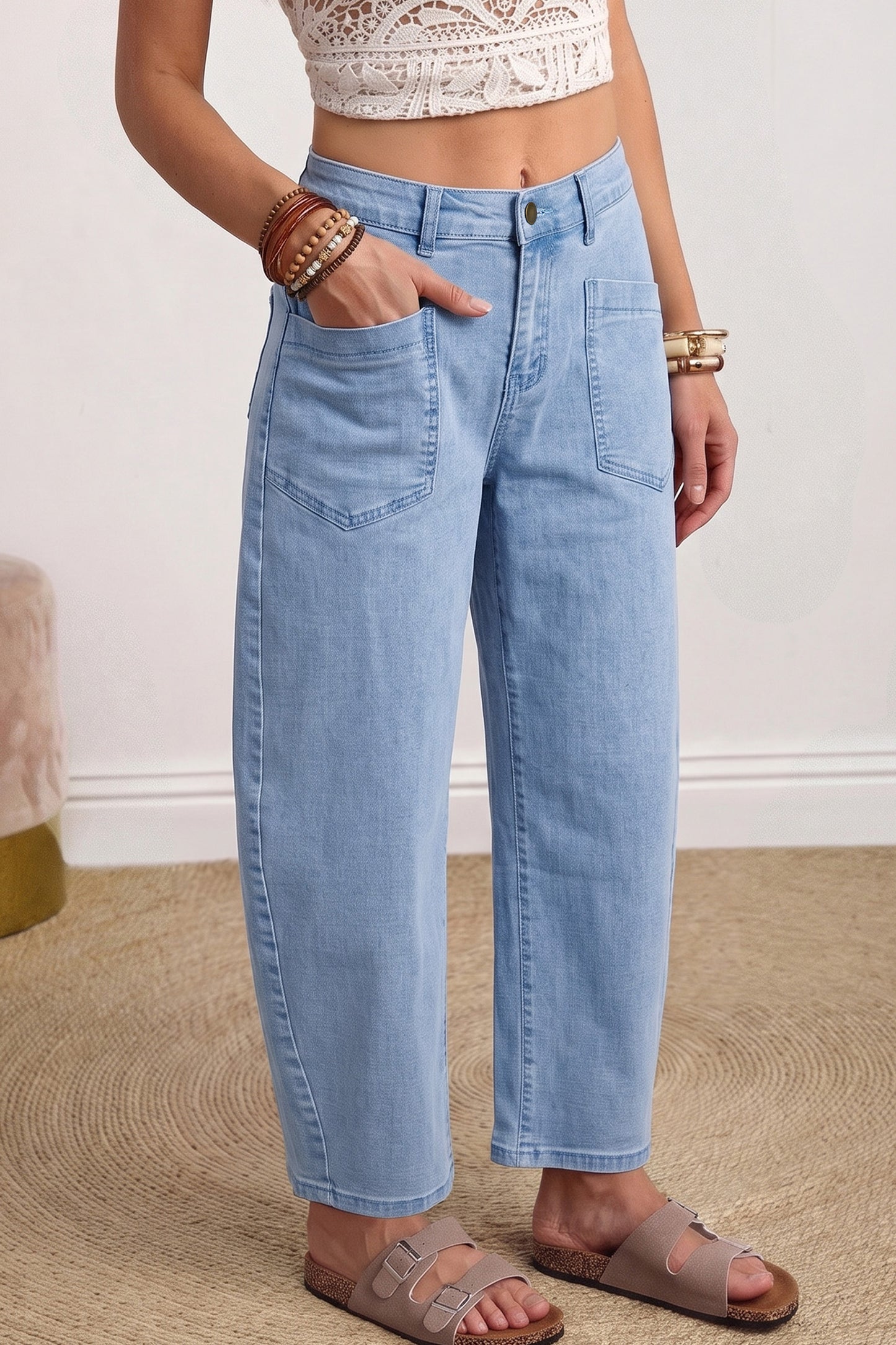 Four Leaf Clover Solid Color Square Patch Pocket Ankle-length Barrel Jeans