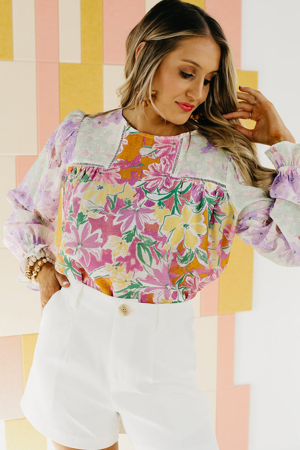 Floral Patchwork Lace Trim Blouse