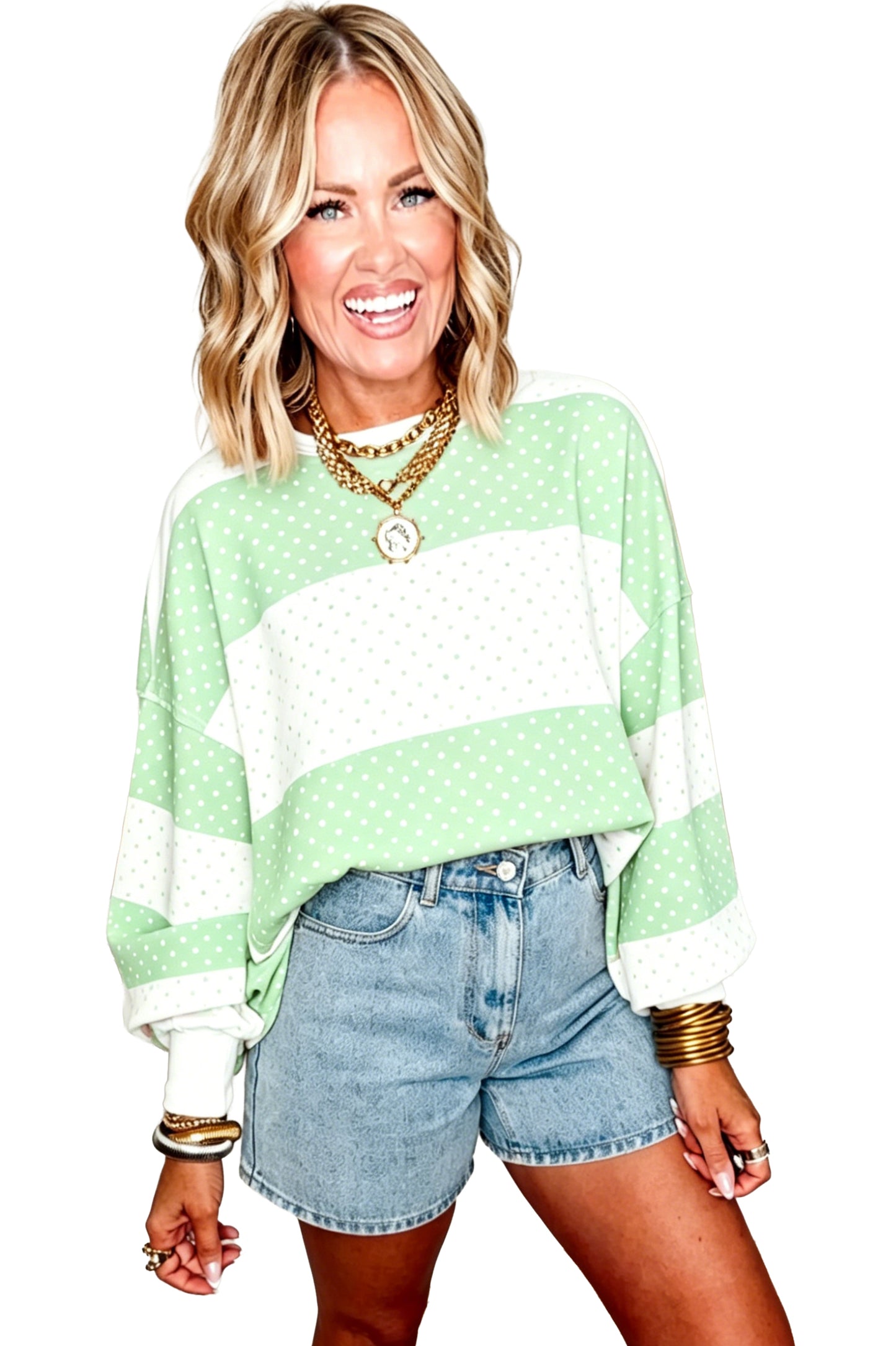 Pink Polka Dot Patchwork Colorblock Long Sleeve Top