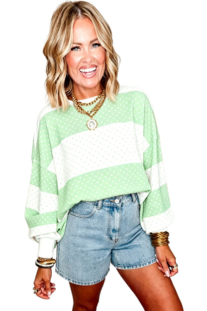 Pink Polka Dot Patchwork Colorblock Long Sleeve Top