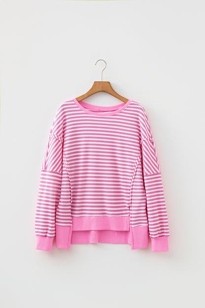 Pink Stripe Textured Knit Color Block Trim Split Hem Long Sleeve Top