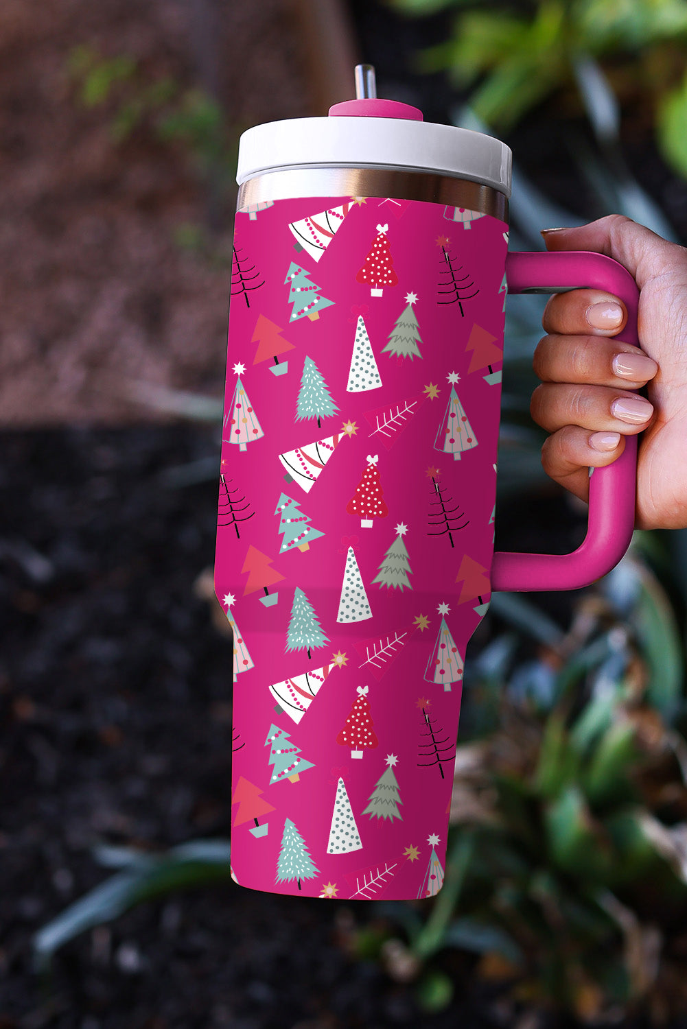 Black Cartoon Christmas Tree Printed Thermos Cup