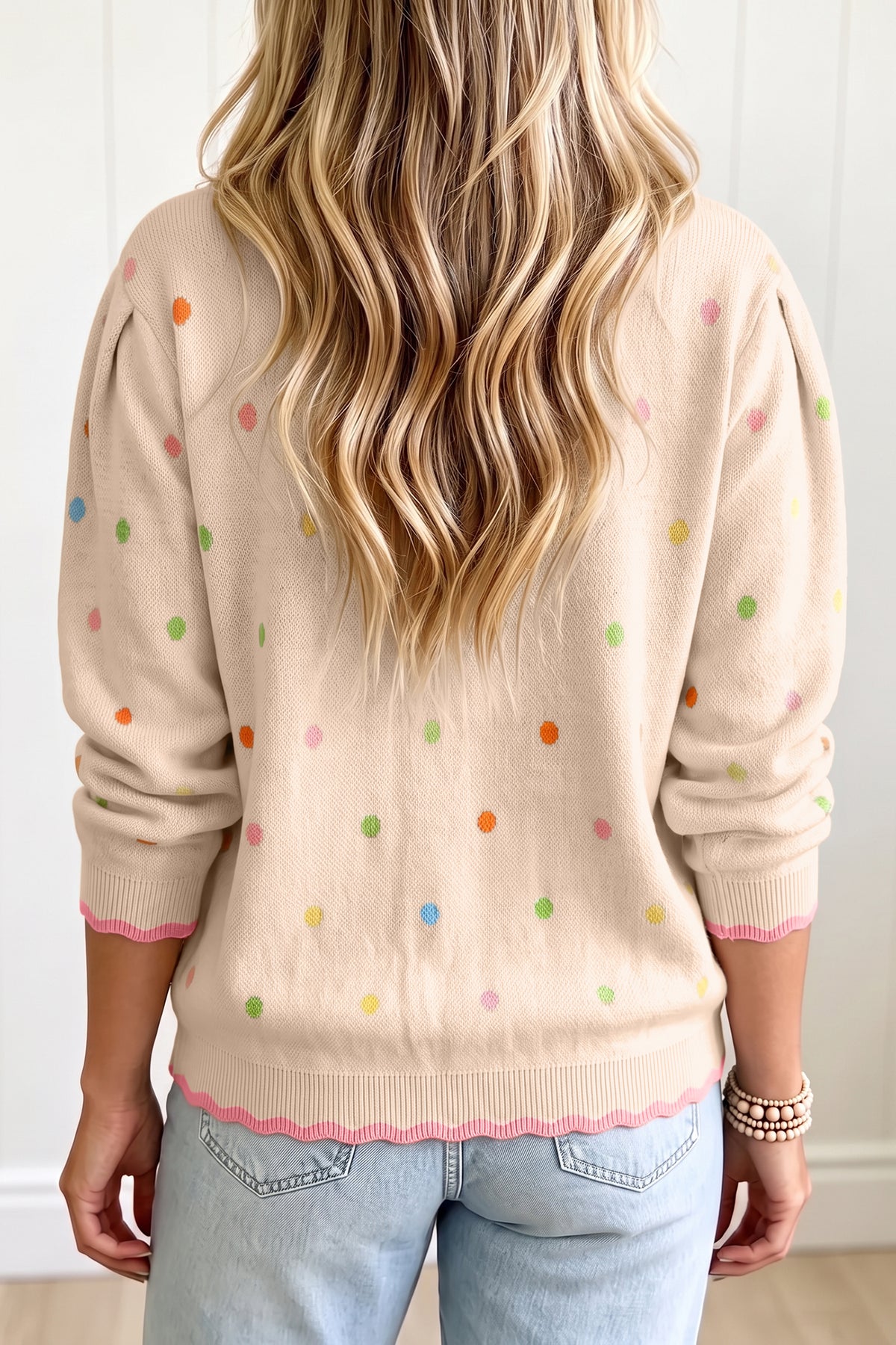 White 100% Cotton Round Neck Polka Dot Long Sleeve Casual Shift Sweater