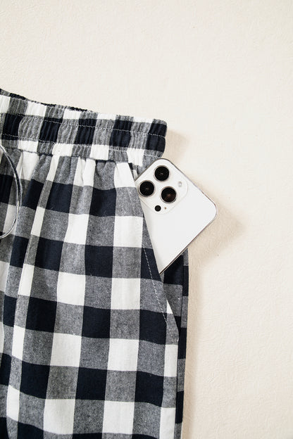 Brown Gingham Plaid Tie Elastic Waist Shift Pants