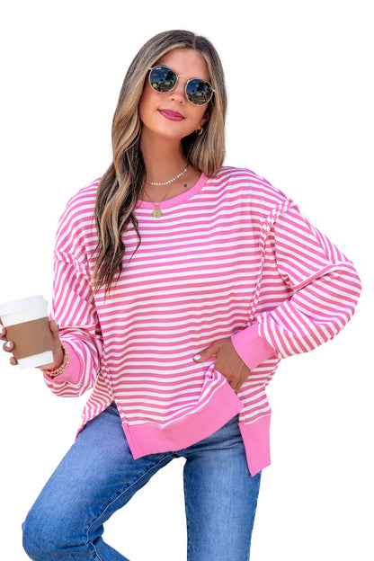 Pink Stripe Textured Knit Color Block Trim Split Hem Long Sleeve Top