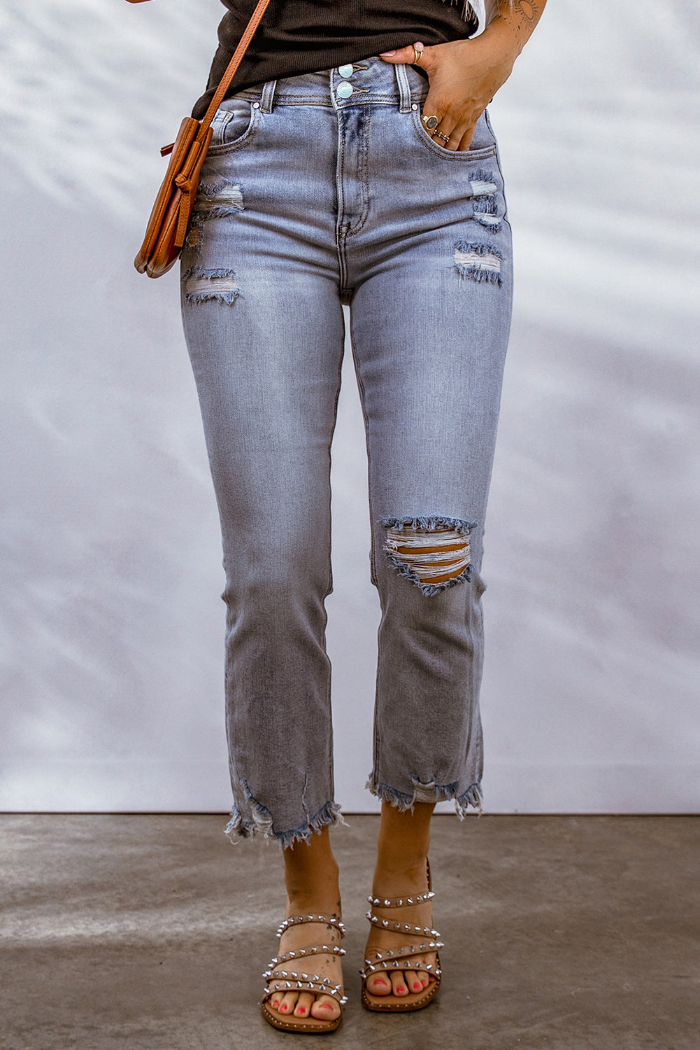 Distressed Raw Hem Buttoned Jeans